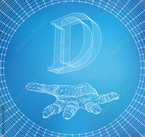 the letter D, of lines and dots on the arm. The hand holding