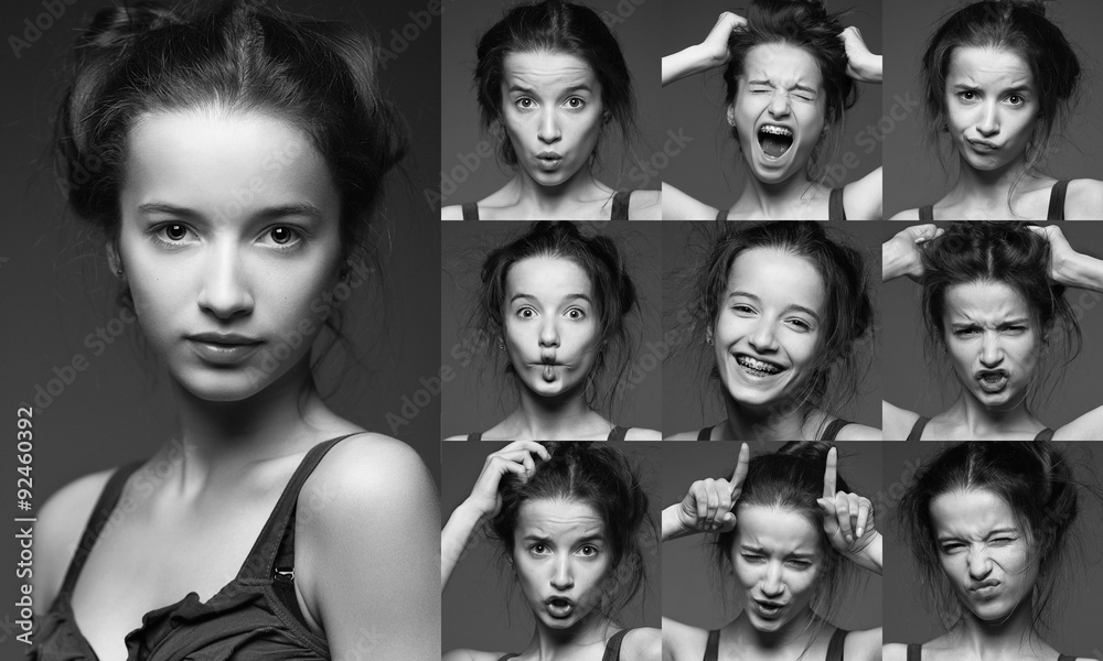 Young woman performing various expressions with her face. Young woman performing various expressions with her face.