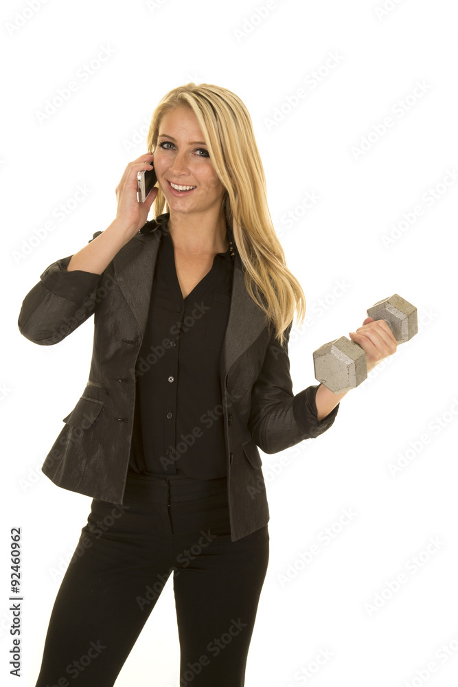 blond woman in black business attire weight phone smile blond woman in black business attire weight phone smile