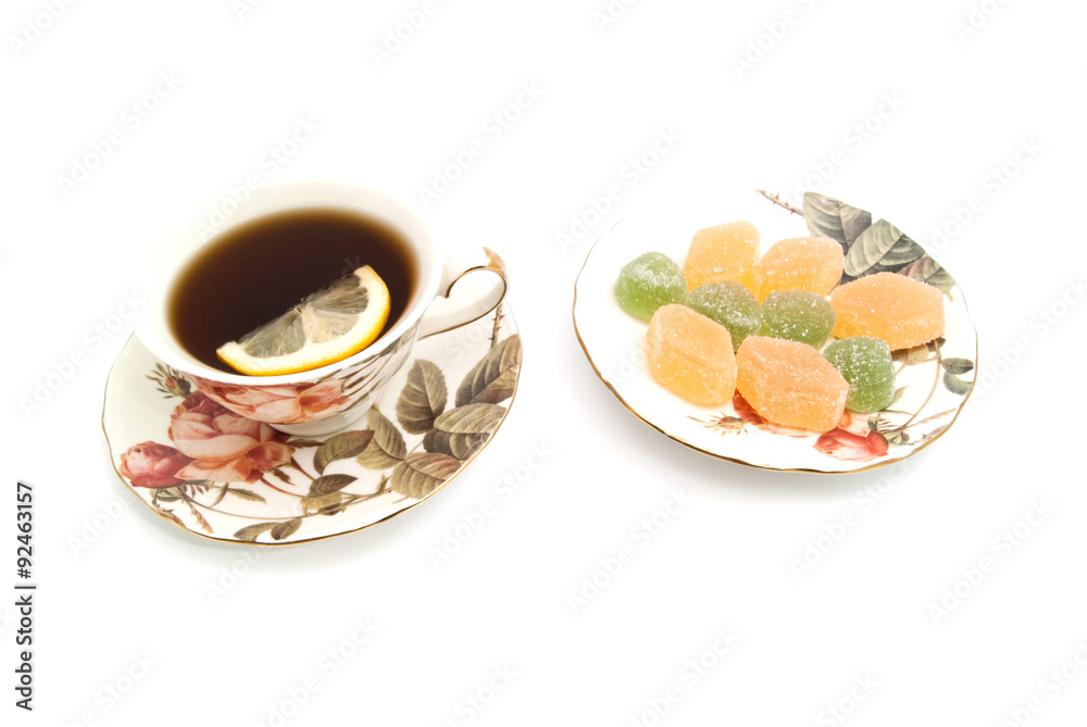 cup of tea with lemon and fruit candy cup of tea with lemon and fruit candy