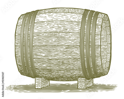 Woodcut-style illustration of a wooden whiskey barrel.