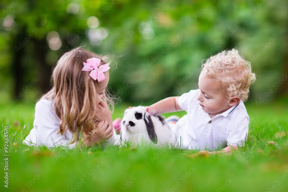 Kids playing with real rabbit Kids playing with real rabbit