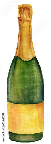 A watercolor drawing of a bottle of champagne or cava in a golden foil, on white background