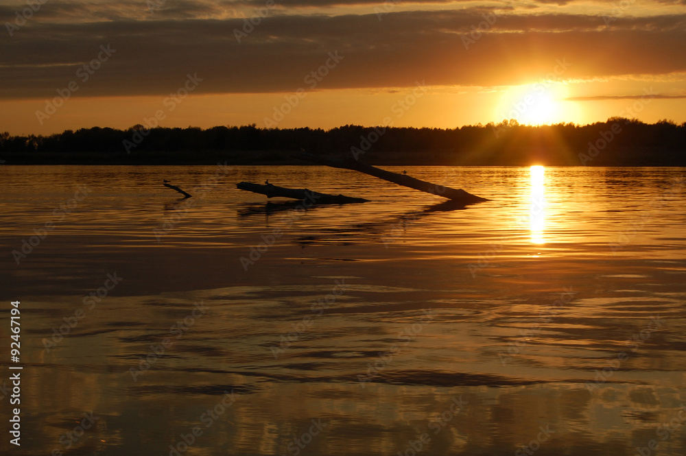 Sunset on the river Volga in Russia