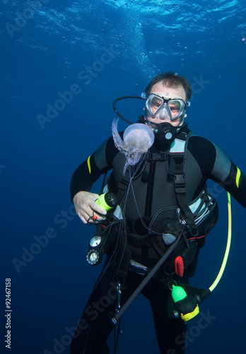 Jellyfish and diver in the mediterranean sea  © frantisek hojdysz