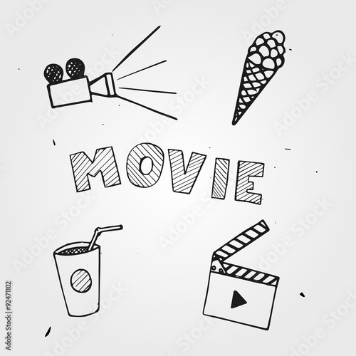 Illustration of popcorn, camera, hand drawn, movie