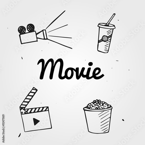 Set of popcorn, camera, hand drawn, movie, graphic