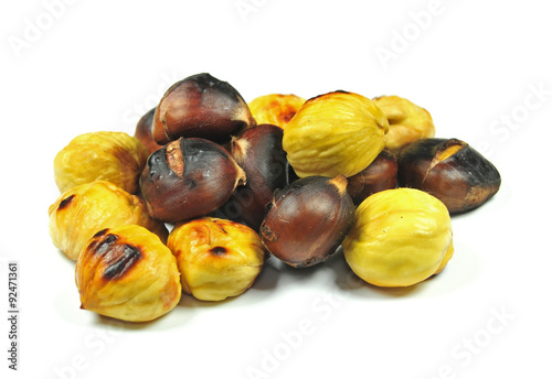 Roasted chestnuts on white background