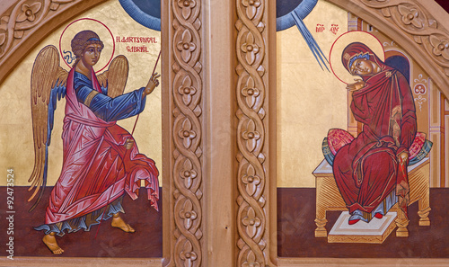 Quadro su tela Bruges - The Annunciation scene in orthodox church