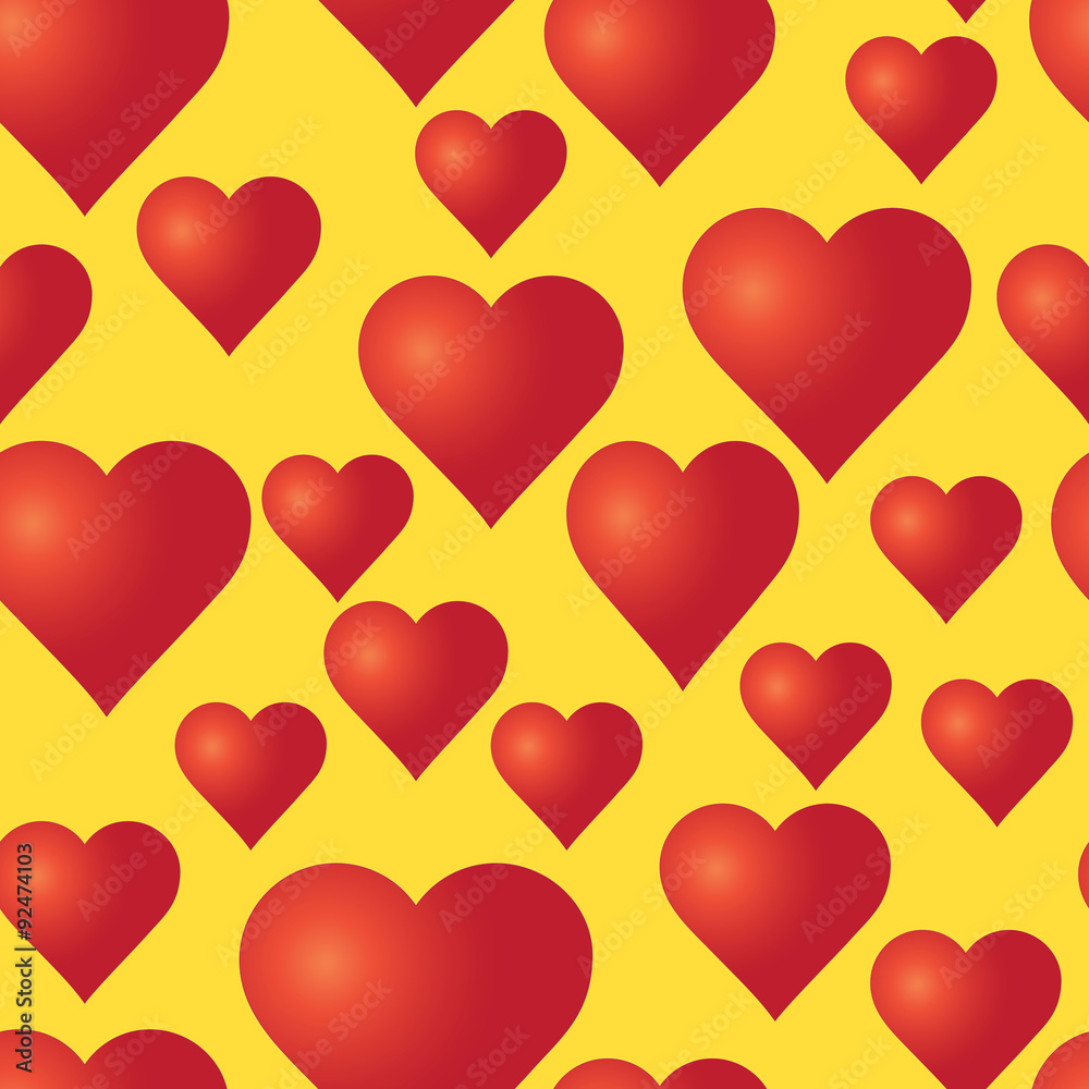 Vector seamless pattern with red hearts on the yellow background. Wedding or Valentine's Day texture. Love template. Romantic backdrop. 