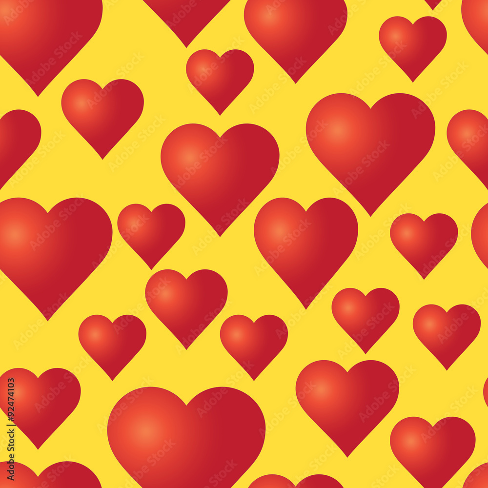 Vector seamless pattern with red hearts on the yellow background. Wedding or Valentine's Day texture. Love template. Romantic backdrop. Vector seamless pattern with red hearts on the yellow background. Wedding or Valentine's Day texture. Love template. Romantic backdrop.