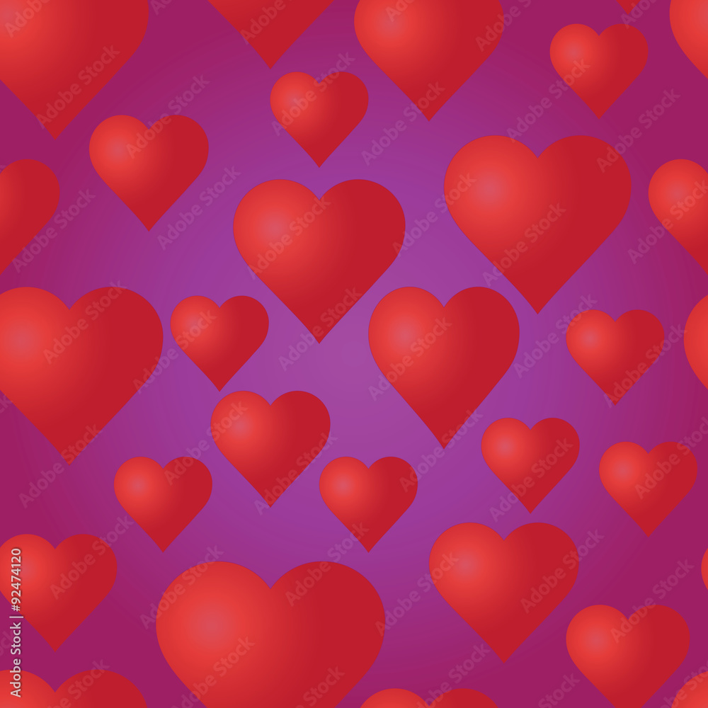 Vector seamless pattern with red hearts on the purple background. Wedding or Valentine's Day texture. Love template. Romantic backdrop. 