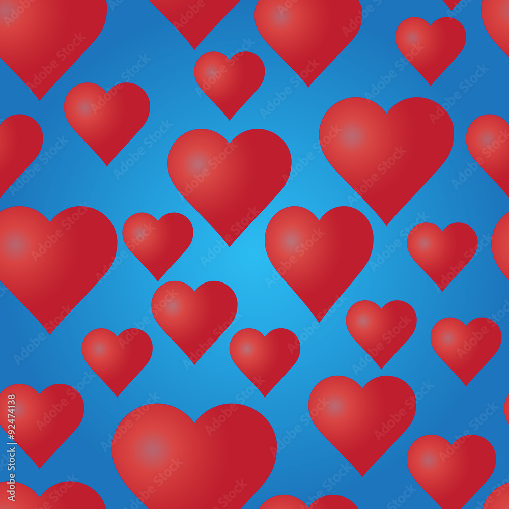 Vector seamless pattern with red hearts on the blue background. Wedding or Valentine's Day texture. Love template. Romantic backdrop. 