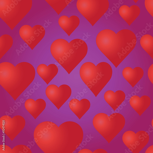 Vector seamless pattern with red hearts on the purple background. Wedding or Valentine s Day texture. Love template. Romantic backdrop. 