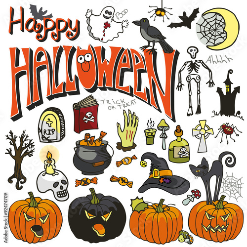 Halloween doodle elements set.Isolated colored icons,lettering