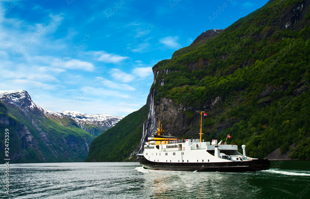 Ship in norwegian fjord Ship in norwegian fjord