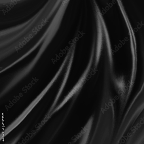luxurious black material background illustration, elegant waves of black satin fabric flowing or draped in abstract design