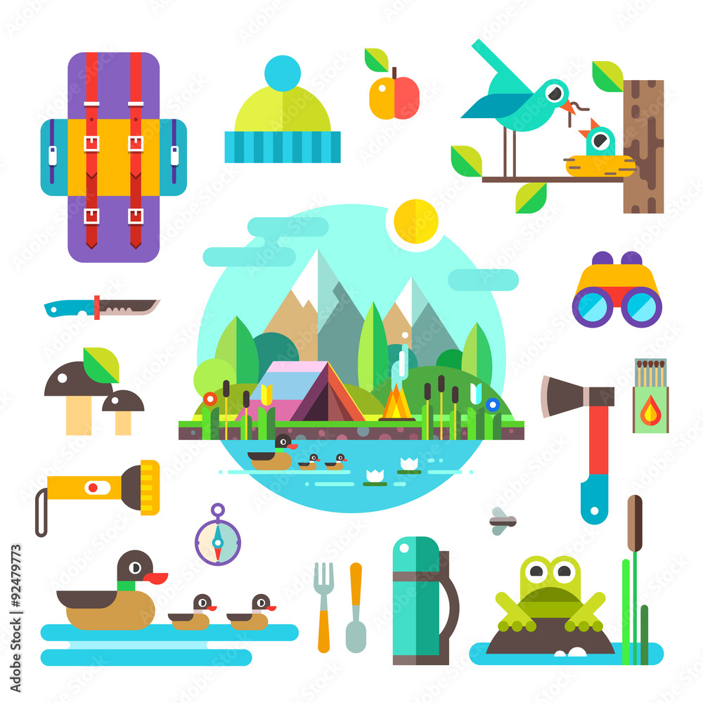 Set of hike elements and icons: backpack, binoculars, knife, compass, axe, torch, tent. Camping objects. Birds, ducks, frog, mushrooms, nest. Landscape: forest, lake, swamp and mountains. Style flat.