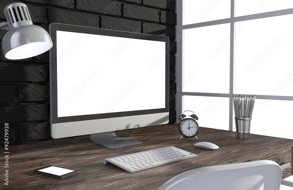 Fototapeta premium 3D illustration PC screen on table in office, Workspace