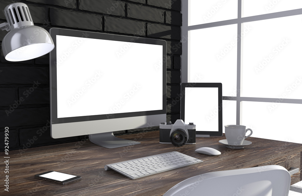 Fototapeta premium 3D illustration PC screen on table in office, Workspace
