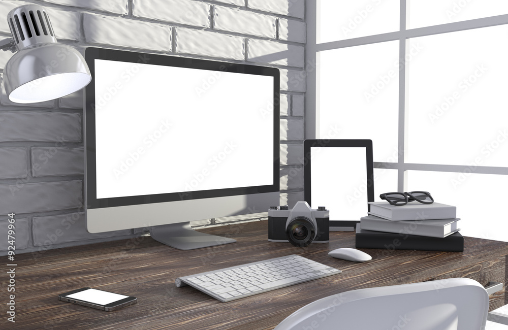 Fototapeta premium 3D illustration PC screen on table in office, Workspace