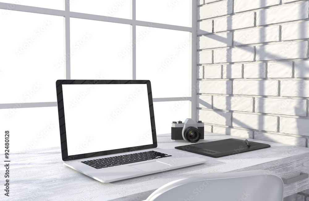 3D illustration laptopand work stuff on table near brick wall 3D illustration laptopand work stuff on table near brick wall