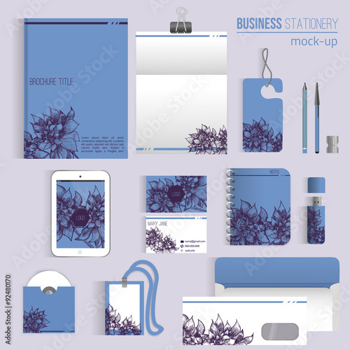 Vector floral sketch  corporate identity set of Stationery Branding. Consist of letterhead, book, pen, pencil, note, cards, cd, envelope. EPS10