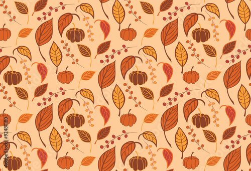 Halloween seamless pattern with pumpkins and leaves