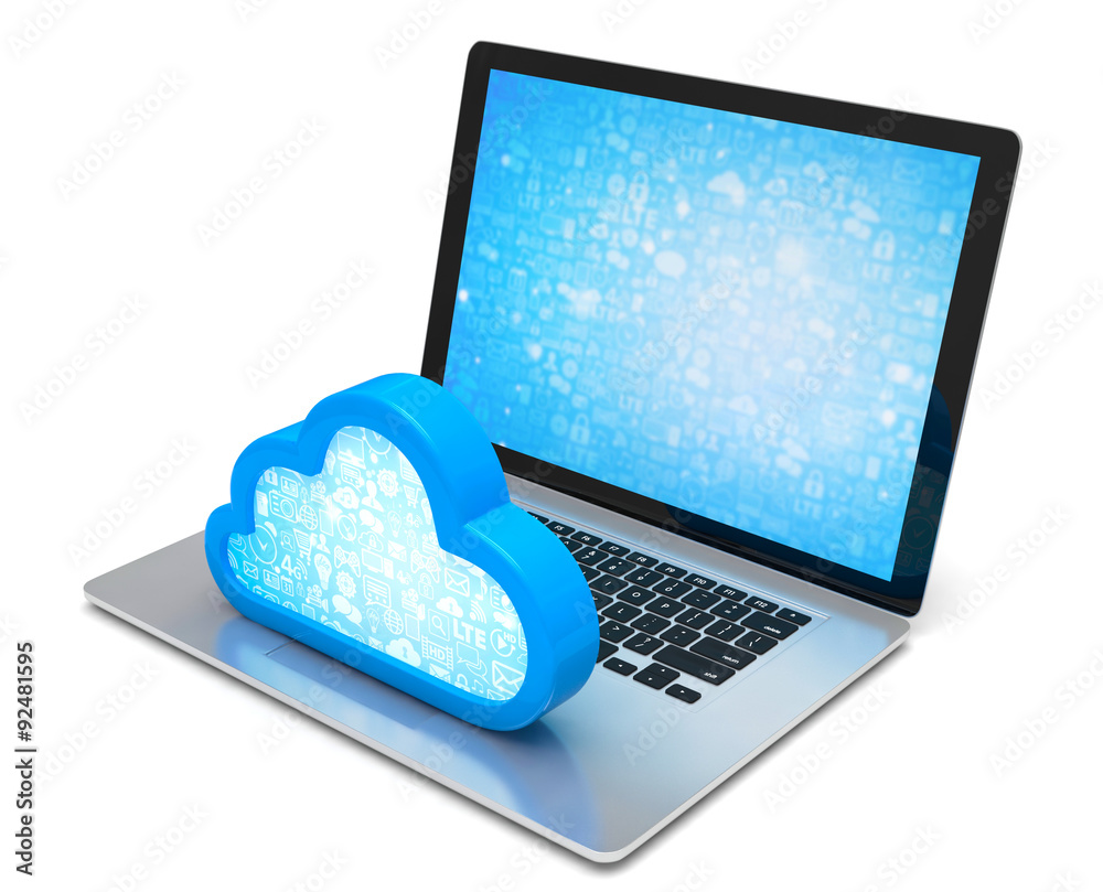 Laptop with cloud computing symbol on keyboard. 3d render Laptop with cloud computing symbol on keyboard. 3d render