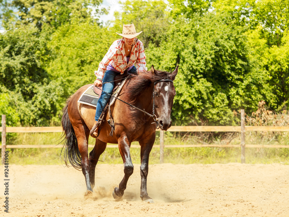 Western cowgirl woman riding horse. Sport activity Western cowgirl woman riding horse. Sport activity