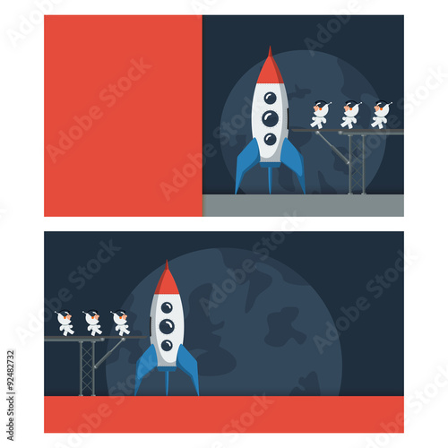 Banners with a space theme. Little funny astronauts on metal