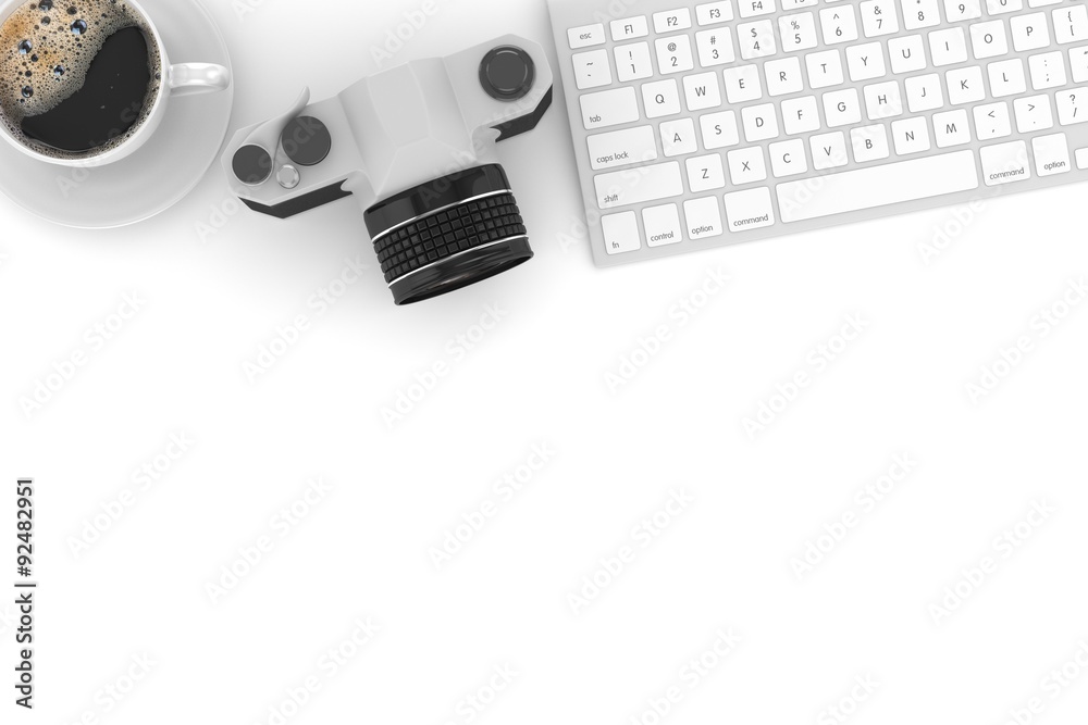 camera and coffee on table, workplace, top view camera and coffee on table, workplace, top view