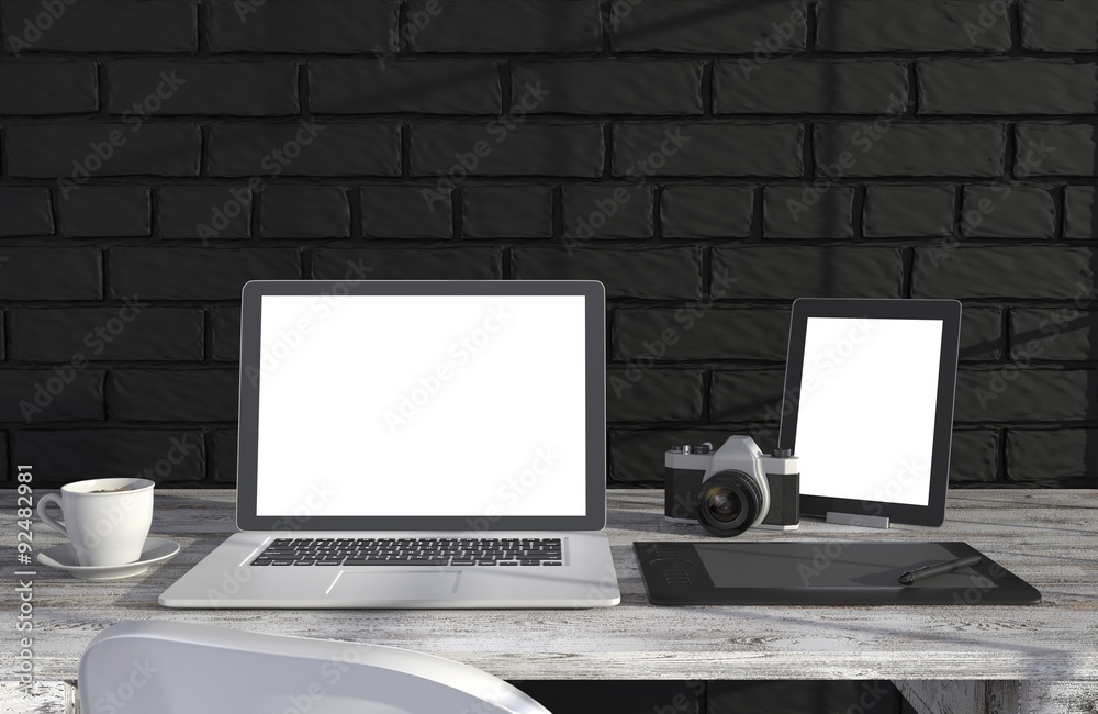 Fototapeta premium 3D illustration laptopand work stuff on table near brick wall