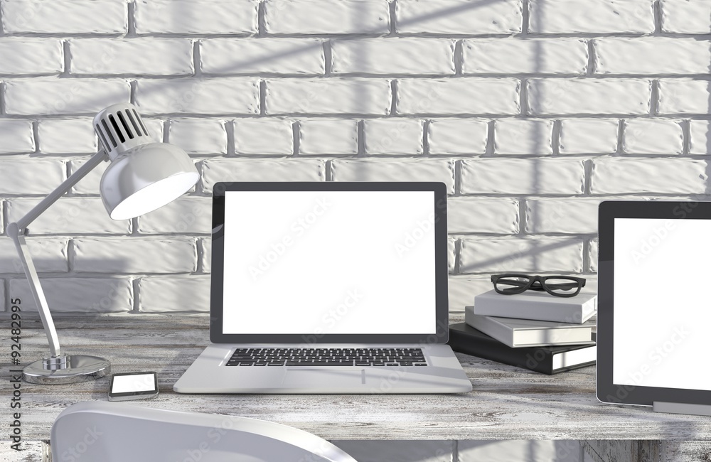 Fototapeta premium 3D illustration laptopand work stuff on table near brick wall