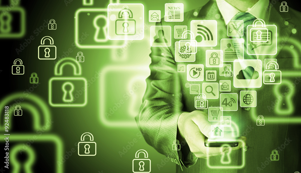 Business man using smart phone with social media icon set Business man using smart phone with social media icon set