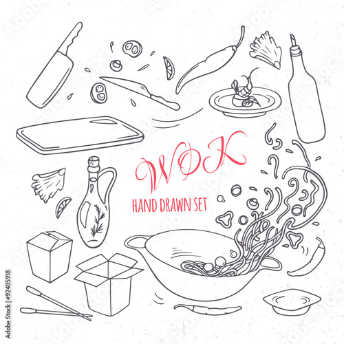 Set of outline hand drawn wok restaurant elements. Doodle asian food