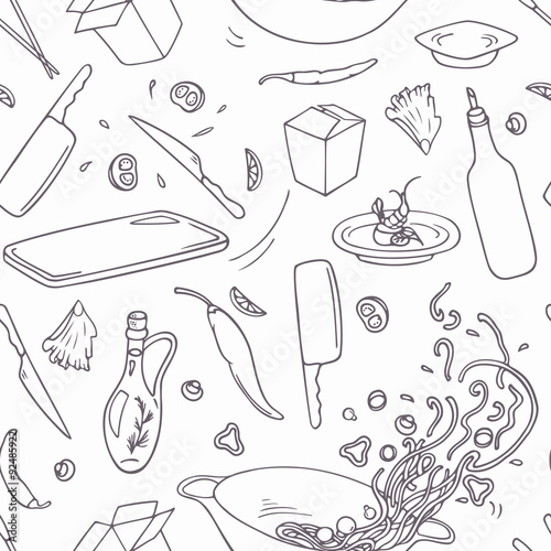 Set of outline hand drawn wok restaurant elements. Doodle asian food