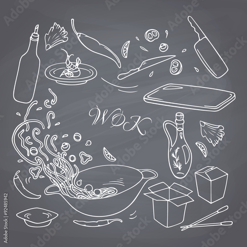 Set of outline hand drawn wok restaurant elements for your design. Chalk style doodle asian food