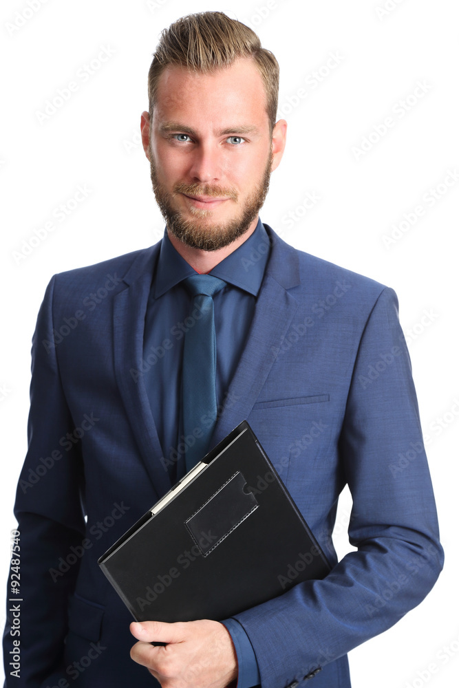 Attractive businessperson standing in a blue suit and tie holding a clipboard. White background. Attractive businessperson standing in a blue suit and tie holding a clipboard. White background.