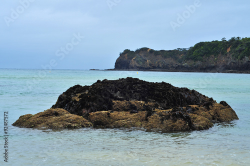 Coast of various shapes with beaches cliffs and rocky areas around Matapouri in New Zealand.