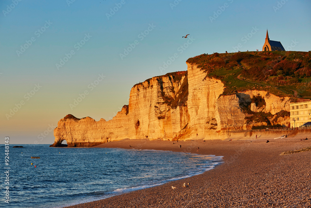 Scenic view of Etretat cliffs at sunset