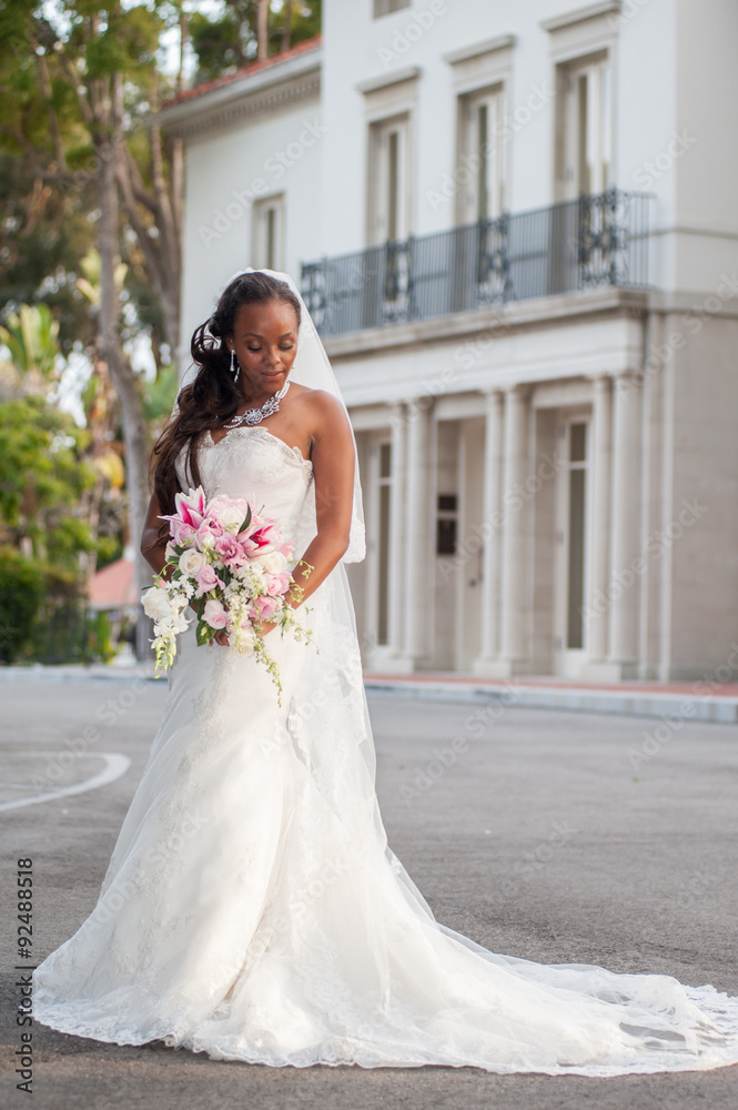 Beautiful ebony bride in front of mansion. Beautiful ebony bride in front of mansion.