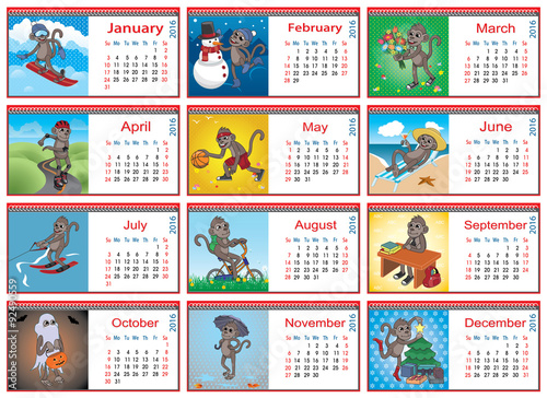 Set of horizontal calendars for each month in 2016. Active monke