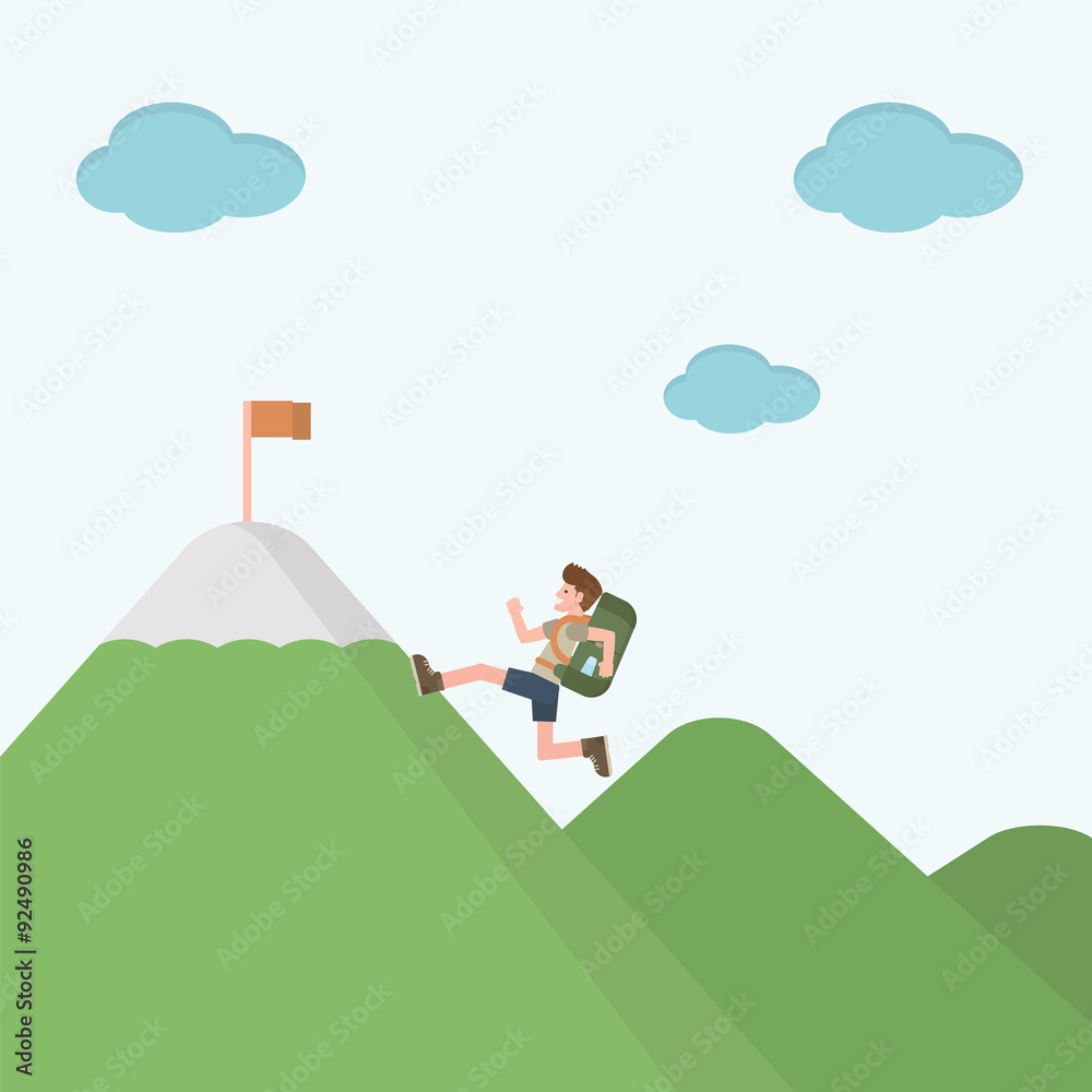 Cartoon traveler hiking to the peak of mountain concept. Vector  illustration in flat style. Stock Vector | Adobe Stock