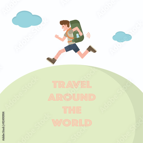 Cartoon traveler travel around the world concept. Vector illustration in flat style.