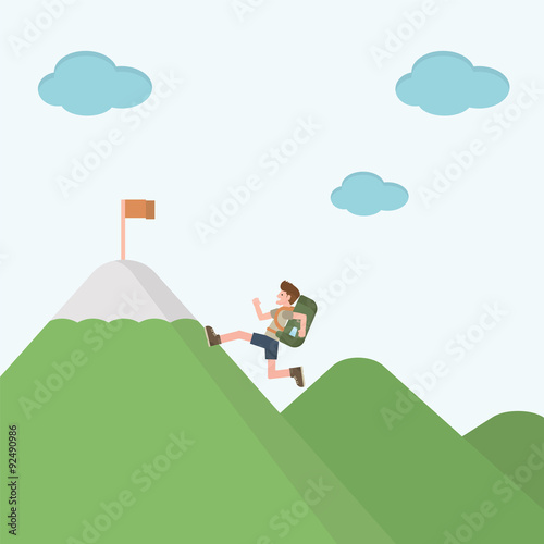 Cartoon traveler hiking to the peak of mountain concept. Vector illustration in flat style.