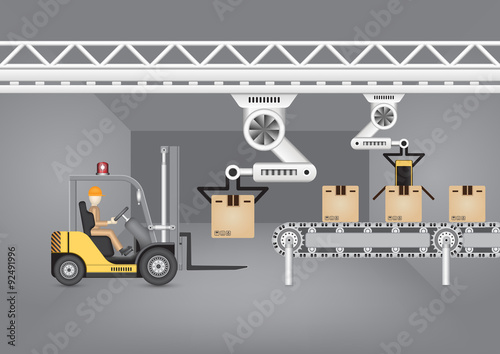 Manufacturing production, industrial process with mobile phone or cell phone, box and automated machine i.e. conveyor belt, production line, robot inside factory plant. Include operator and forklift.