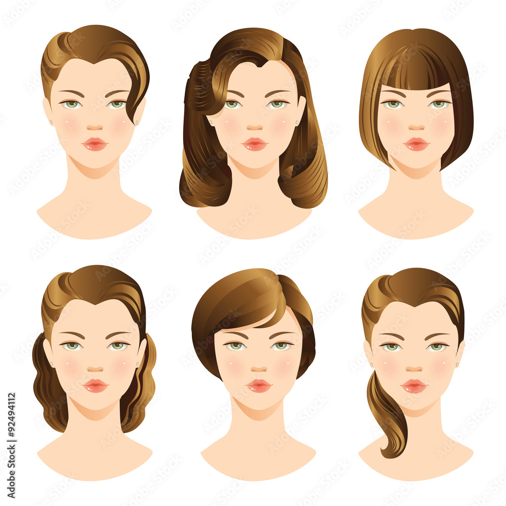 illustrations of beautiful young girls with various hair styles. Collection of woman face. illustrations of beautiful young girls with various hair styles. Collection of woman face.