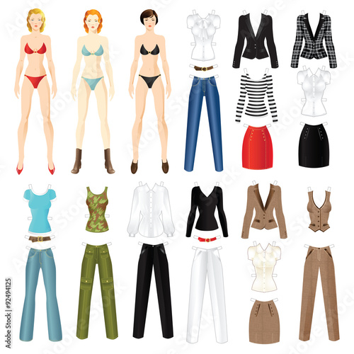 Doll with clothes. Body template. Set of template paper clothes. Various style clothes: casual, french, classic, military,. Clothes for office, british tweed suit, clothes for holiday
