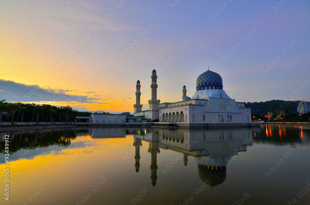 Morning reflection of Likas mosque or also known as Masjid Bandaraya Kinabalu, Borneo, Sabah, Malaysia
